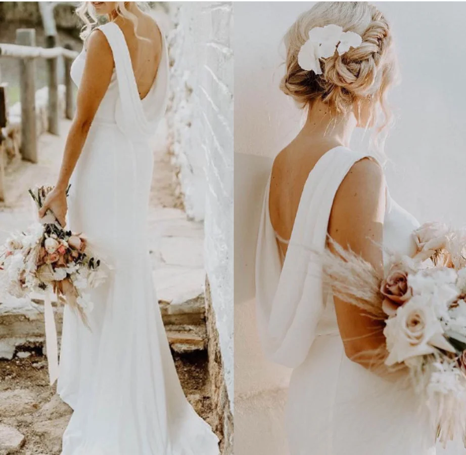 

Sexy Boat Neck Beach Wedding Dresses 2021 Soft Satin Sweep Train Bridal Gowns Vestido De Bodas Open Back Mariage платье