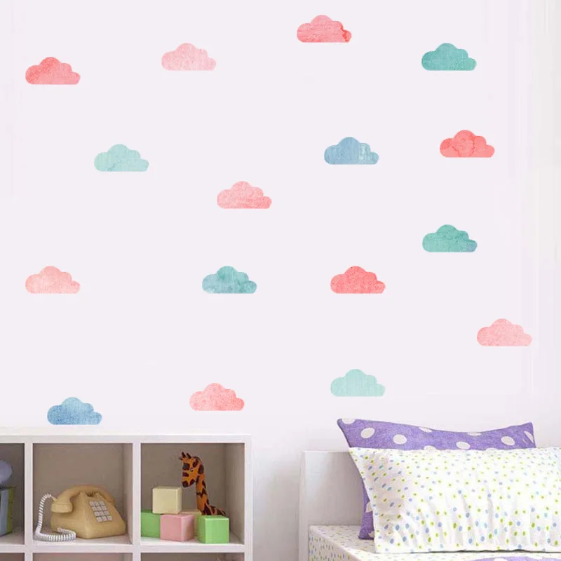 Наклейки на стену акварельные розовые облака для украшения детской комнаты 48