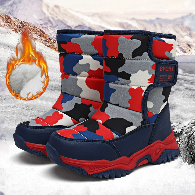 

Kids Snow Boots Waterproof Boy Girls Camouflage Cotton Shoes Plush Warm Winter Children Short Boot High-top Non-Slip Plus Size