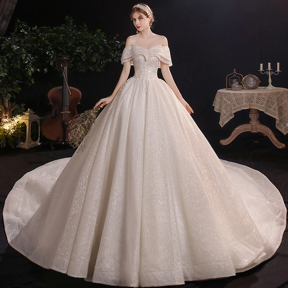 

Vestido De Noiva Shining Ball Gown Wedding Dress Off the Shoulder Robes De Mariage Sequined Beading Princess Hochzeitskleid
