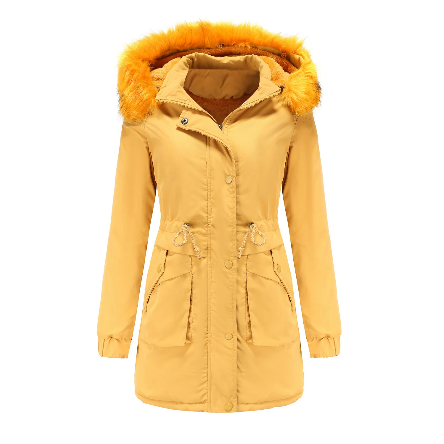 

Women's Plus Size Warm Casual Coat Jacket Outwear Faux-Fur Lined Trench Winter Hooded Thick Overcoat куртка зимняя женская