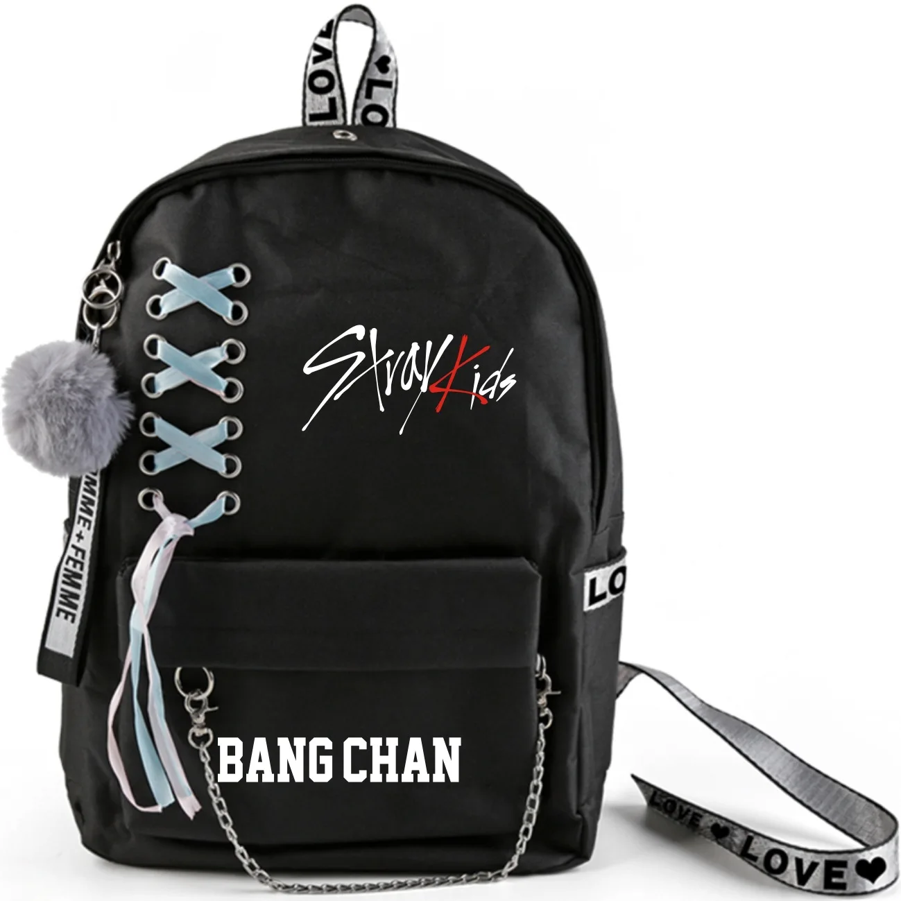 BANGCHAN Kpop Stray Kids рюкзак большой емкости школьные сумки с перекрещивающимися лентами плюшевый шар подвеска страй Детская сумка вентиляторы коллекция - Цвет: BANGCHAN