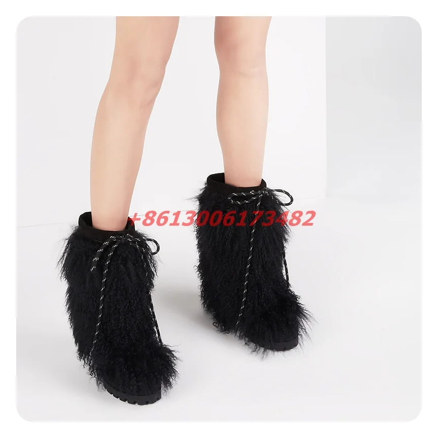 Женские зимние сапоги на танкетке черные теплые из чистой шерсти с двойной