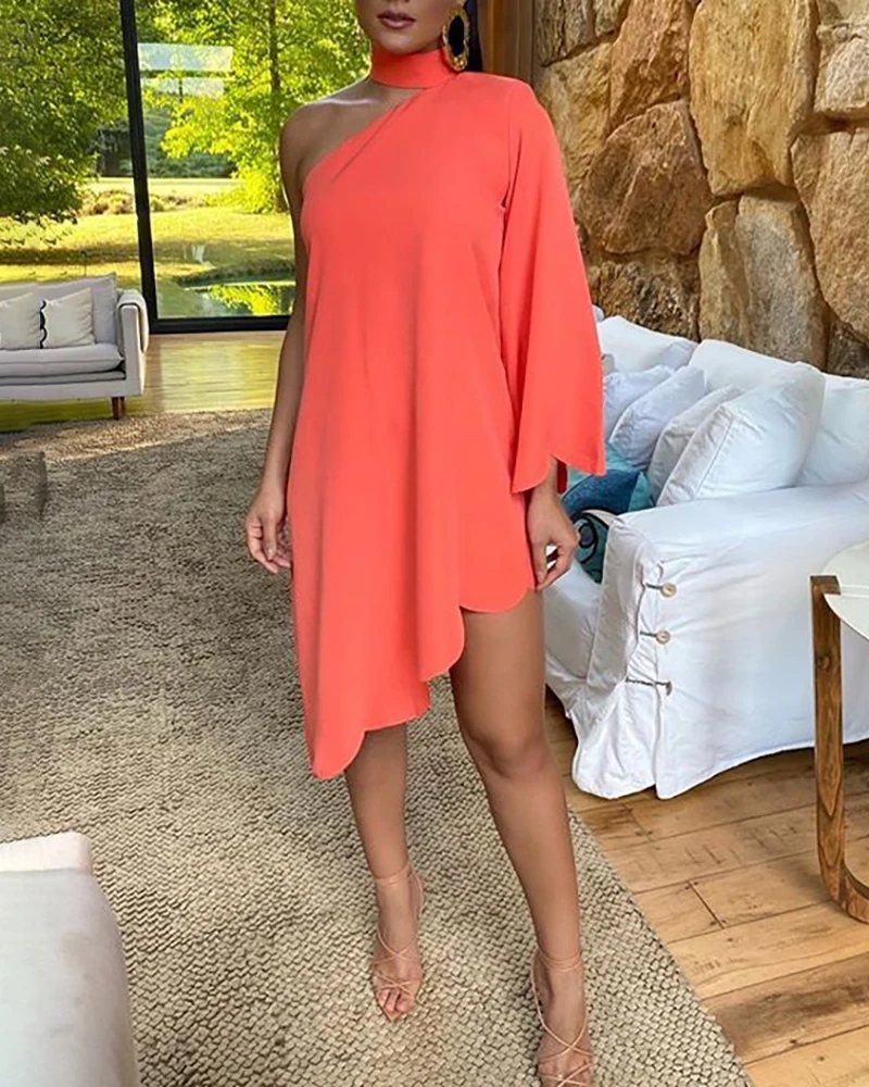 

2020 New Fashion Women Summer Elegant One Shoulder Ruffles Scallop Trim Irregular Dress Lady Sexy Casual High Neck Midi Dress