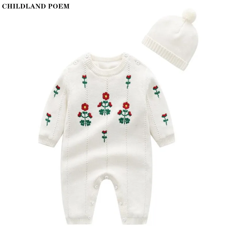 

Knitted Baby Romper Jumpsuit Newborn Winter Spring Flower Embroidery Baby Girls Romper Clothes With Hat Cotton Baby Outfits