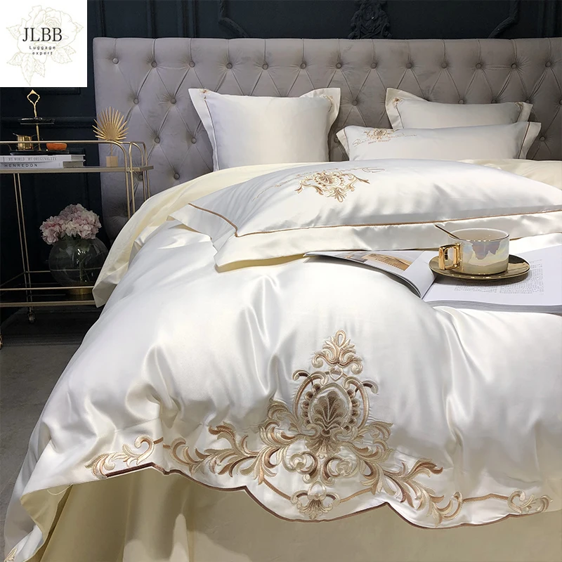 

Роскошный белый атласный шелковый хлопковый комплект постельного белья с золотой вышивкой, Королевский двуспальный комплект пододеяльник...