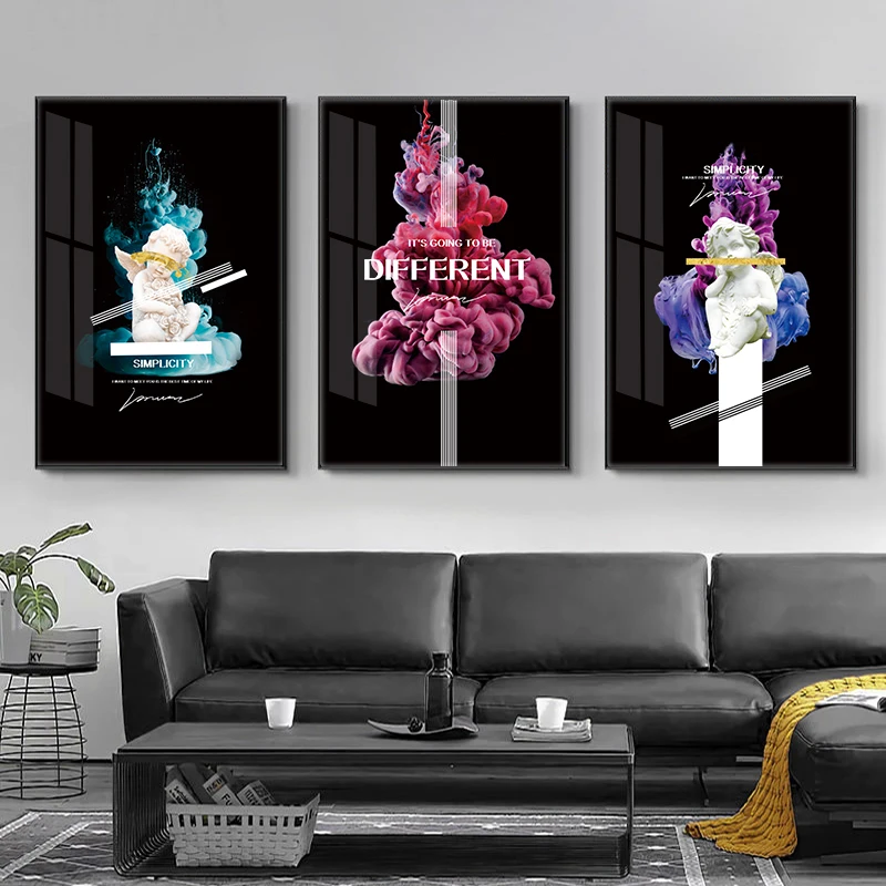 Креативный портрет холст картины статуя маленького ангела и абстрактный цветок