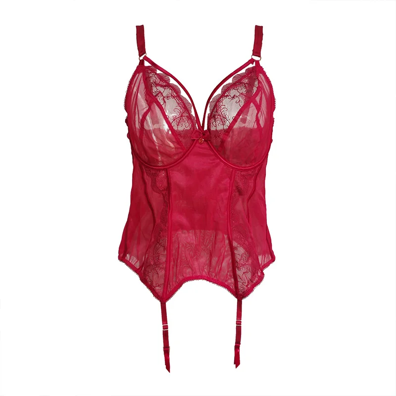 Красное Кружевное газовое размера плюс для женщин сексуальное бюстье с