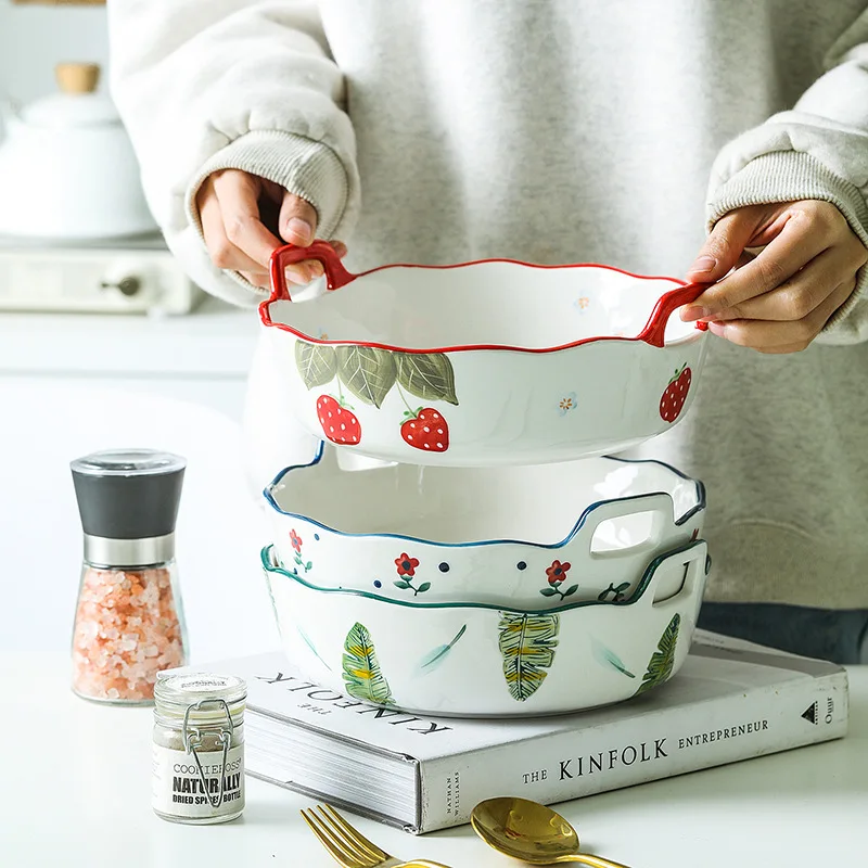 

1pc Ceramic Salad Bowl with Double Handle Ramekin Baker Dinner Plate Pasta Tray Dishes Microwave Oven Safe Serving Plate