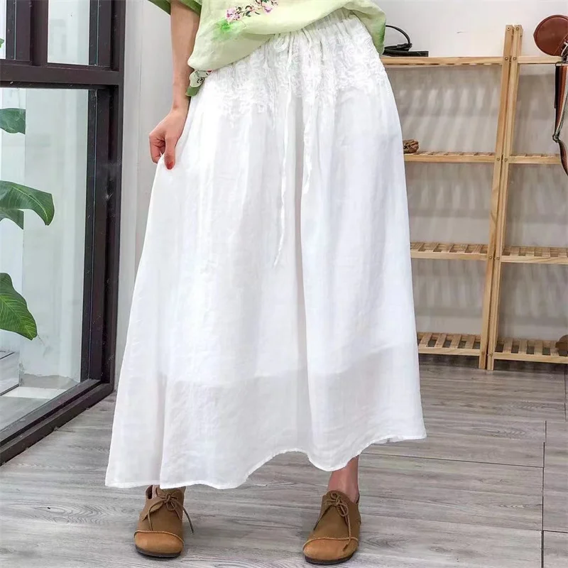 

Женская юбка с вышивкой Johnature, однотонная трапециевидная из рами с поясом на резинке, повседневная одежда свободного кроя для лета, 2021