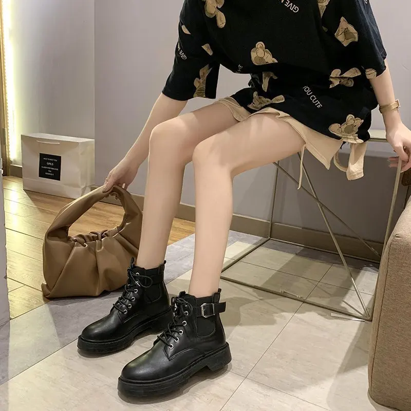 

Women Boots Soft Leather Outdoor Shoes Buckle Motorcycle Street Outdoor Style Girls Lace Up Boots Side Zipper Women Shoes