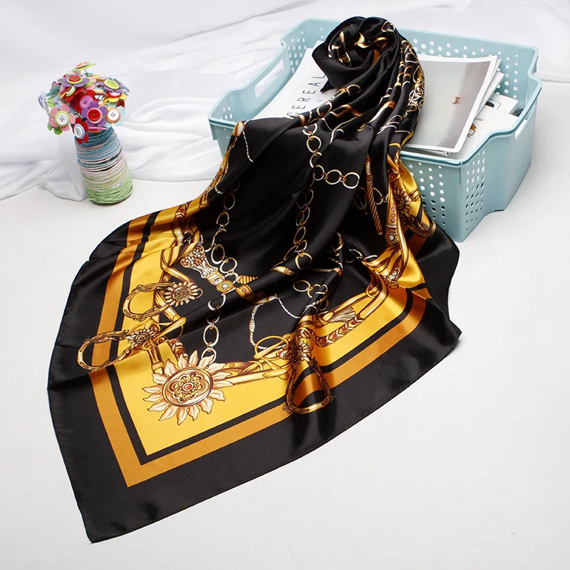 

Fashion Hair Scarf For Women Kerchief Black Silk Satin Hijab Scarfs 90cm*90cm Square Shawls Neckerchief Scarves For Ladies 2019