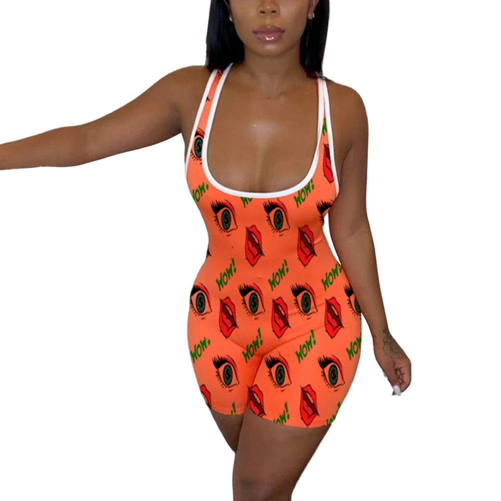 

Short Low-cut Cartoon Eye Face Print Candy Color Rompers Sleepwear Women Sleeveless Romper Playsuits