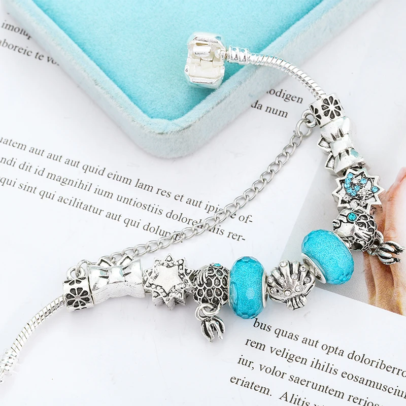 

Fashion Cyan Ocean DIY Rhinestone Beaded Bracelets For Boys Girls Crystal Animal Scallop Charm Bracelet Bangles Children's Gift