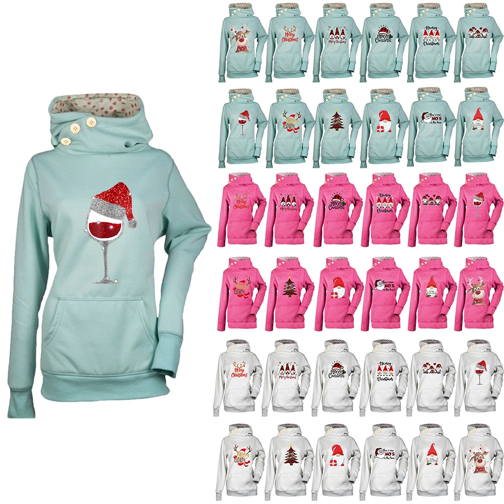 

Autumn Hooded Christmas Printed Hoodie Buttons Long Sleeve Hoodies Warmer Casual Loose Pullovers Winter Plus Size For Women