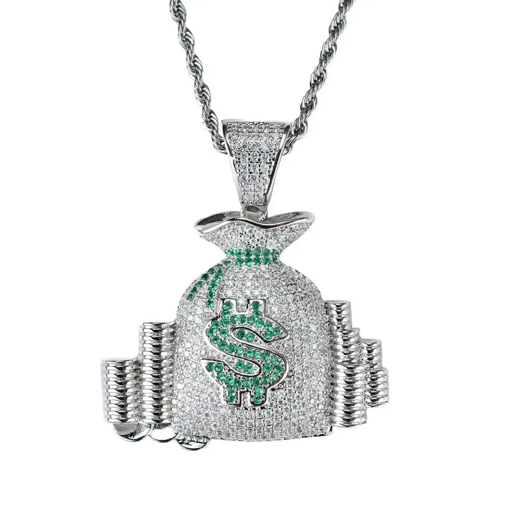

Men Hip hop Iced out bling dollar pocket Pendants necklaces Pave setting Cubic Zirconia male charm necklace Hiphop jewelry gifts