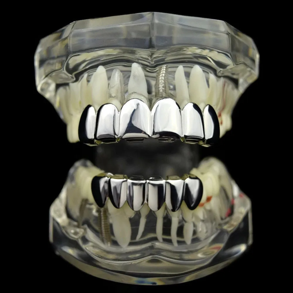 Фото TOPGRILLZ Глянцевые золотые посеребренные зубы в стиле хип-хоп Grillz 6 верхних и 6 нижних грилей с силиконовыми блестящими наборами зубов вампира №1
