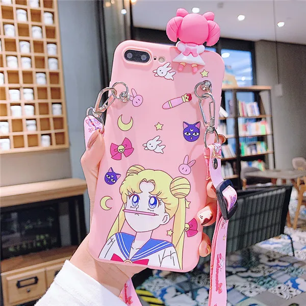 TPU Rabbit Lanyard Милый протектор экрана Сейлор Мун чехол для телефона аниме для iPhone 11 Pro Max X XS MAX XR 6 6s 7 8 Plus для задней крышки из закаленного стекла - Color: TPU Rabbit Lanyard