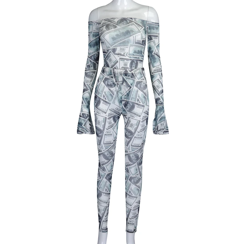 

Jumpsuit Of Winter Birthday Outfit For Woman Combination Female Sexy Print Dollar Bill Shoulder Streetwear Bodysuit 2 Piece Set