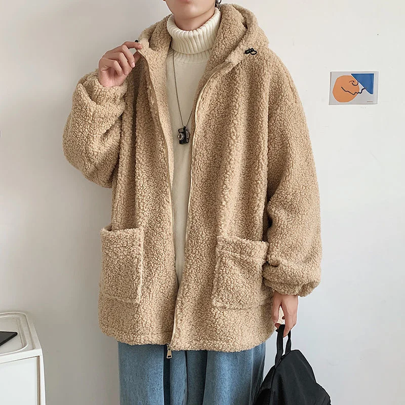 

PR Winter Men's Harajuku Parka Coats Male Streetwear Hip Hop Woolen Jacket Parkas Hong Kong Style Loose Plush Outwewears For Man