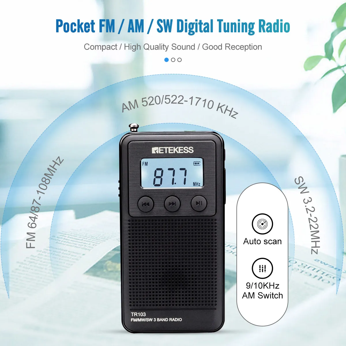 Портативный карманный мини-радио Retekess TR103 FM/MW/коротковолновый цифровой тюнинг 9/10