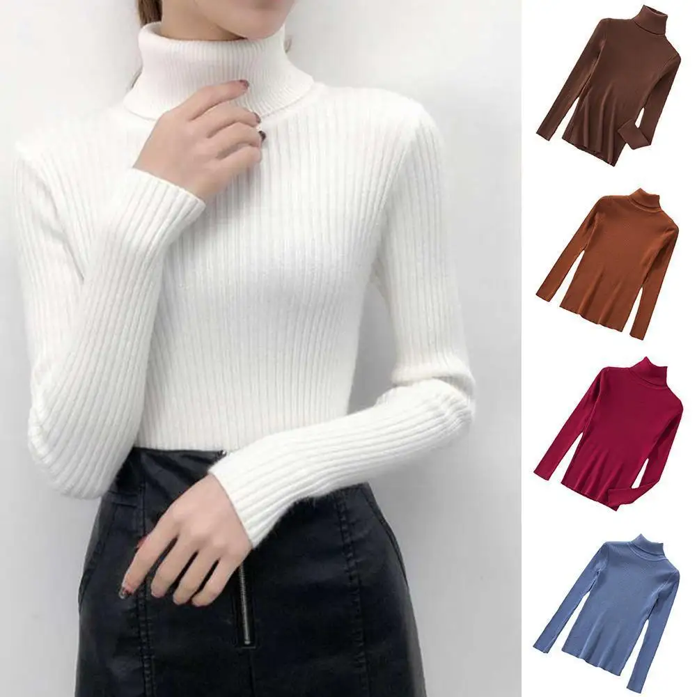 

Autumn Winter Thick Sweater Women Knitted Pullover Sweater Soft Jumper Slim Warm Long Top Sleeve Turtleneck M5h1