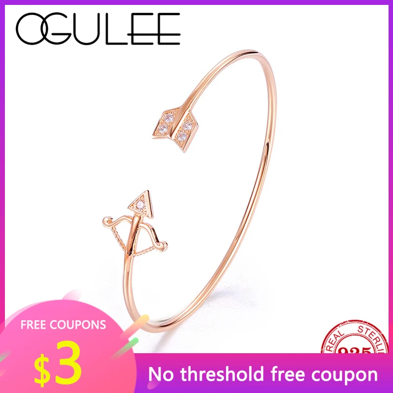 

OGULEE S925 Silver Bracelet Cupid's Arrow Fashion Rose Gold Bracelet Inlaid Zircon Hand Adjustable Opening Bangles Jewelry