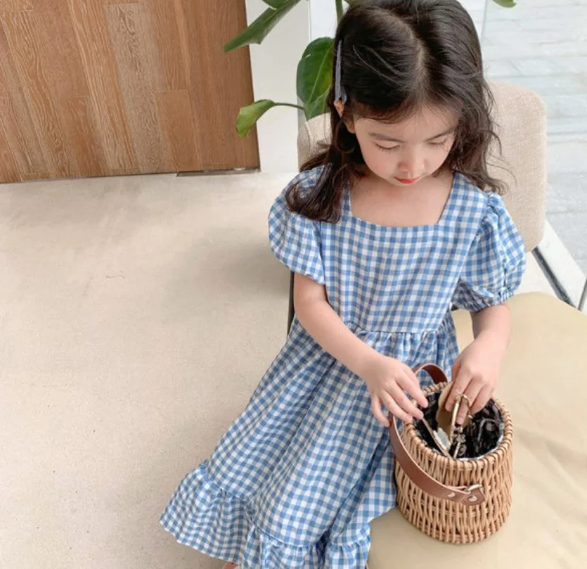 

Cultiseed Baby Girls Vintage Square Collar Plaid Princess Party Dress Children Kids Summer Short Sleeve Casual Long Gown Clothes