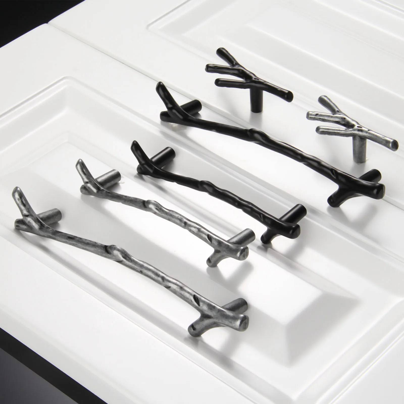 1set Handle Tree Branch Kitchen Closet Drawer Furniture Pulls Cupboard Dresser Cabinet Knobs Black Sliver 96/128mm Alloy w/screw |
