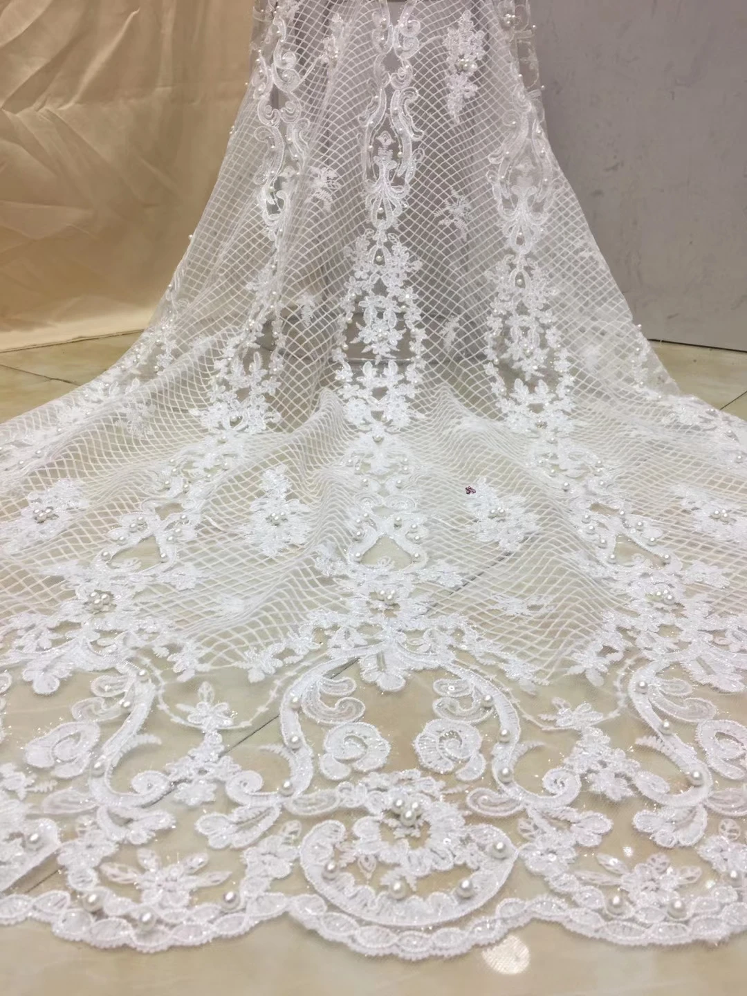 

White African Net Lace French Beaded Fabric 2021 Embroidery Tulle Lace Fabrics With Sequins For Nigeria Wedding Dress X98-8