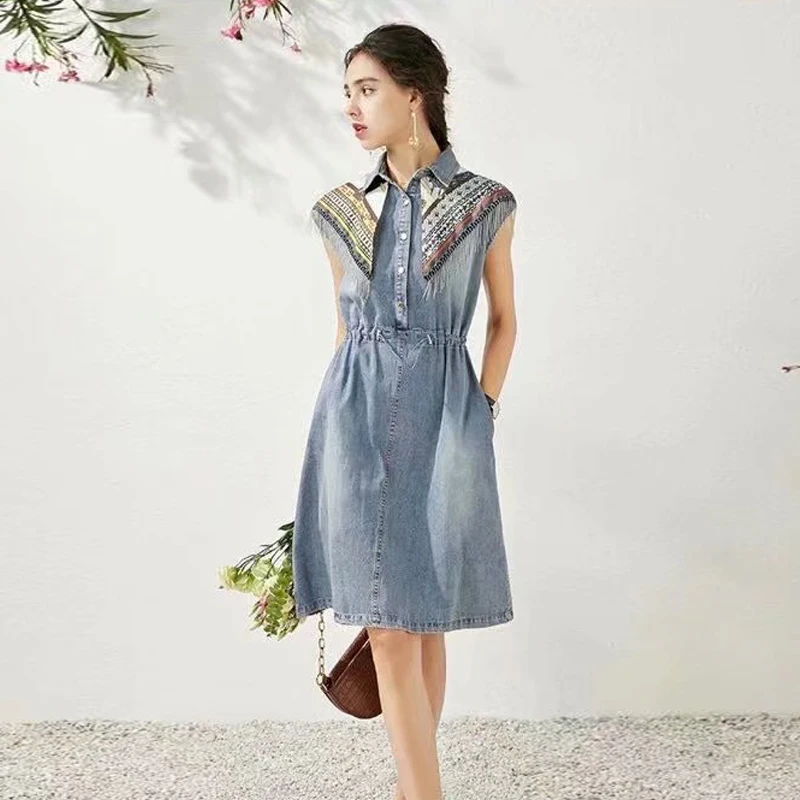 

High-quality Designer Fashion Summer New Women's Party Casual Elegant Vintage Print Tassel Patchwork Elastic Waist Denim Dress