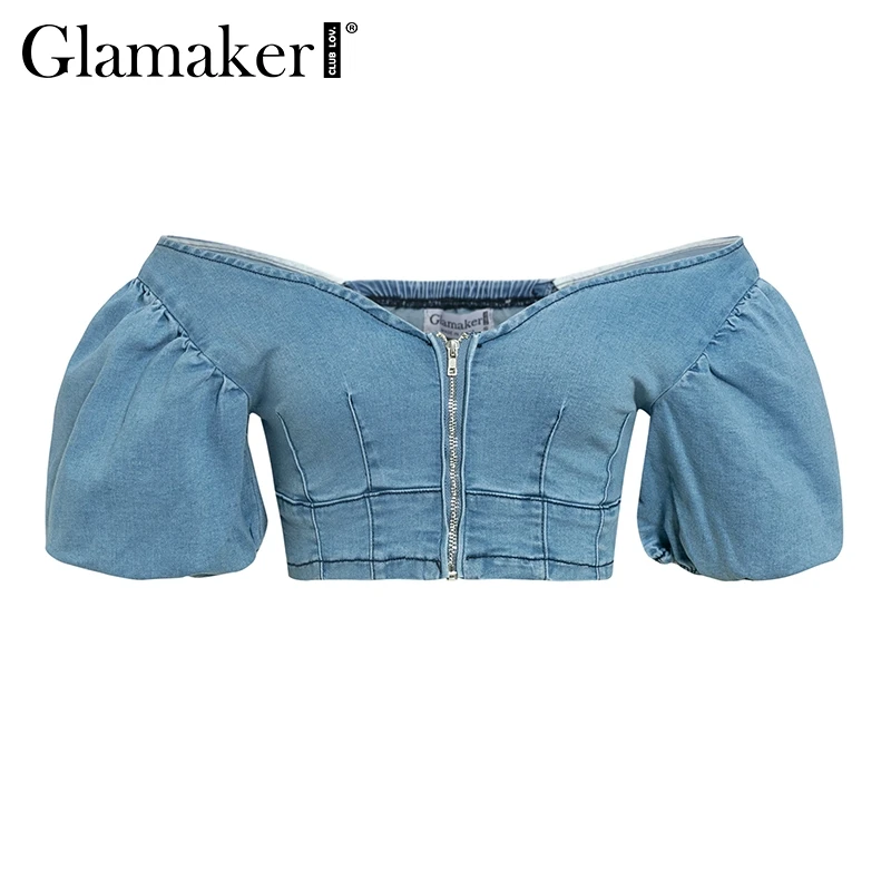 Синий Glamaker, сексуальный синий джинсовый укороченный топ с открытыми плечами, Женский Осенний элегантный джинсовый топ, женские вечерние короткие рубашки, женские укороченные топы - Цвет: Синий