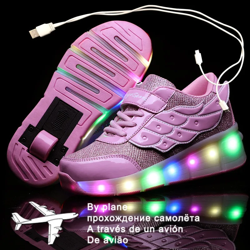 Детские кроссовки на колесиках для мальчиков и девочек 27-40 дюймов розовые белые с