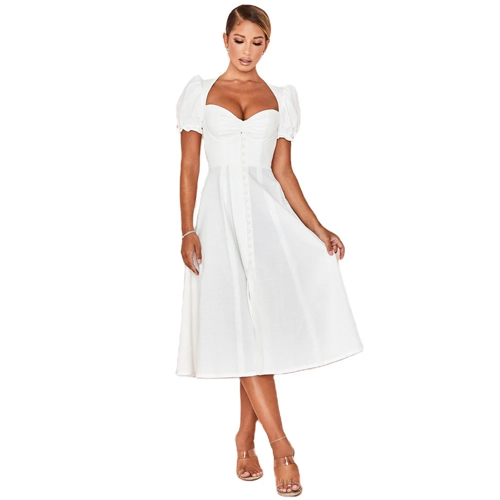 

FAKUNTN Vintage Women's Summer Dress 2021 Short Sleeve Sexy Elegant Party High Split Dresses For Women Clothes Casual Vestidos