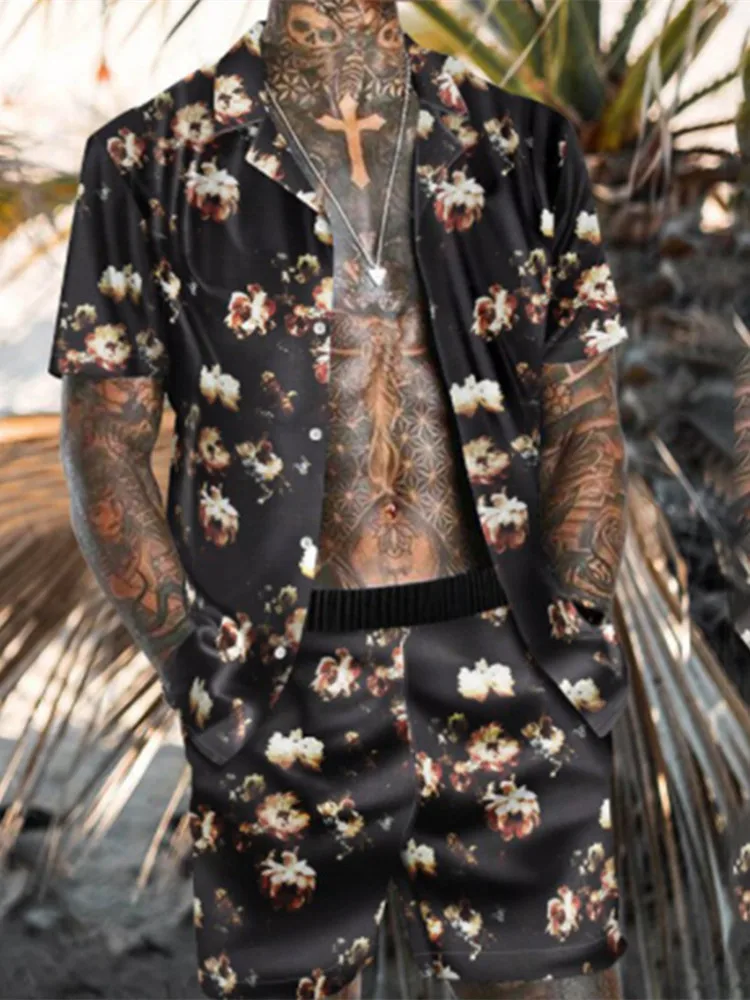 

Men Hawaiian Printing 2021Summer Short Sleeve Button Lapel Shirt Beach Shorts Streetwear Mens Casual Beach Wear Suit