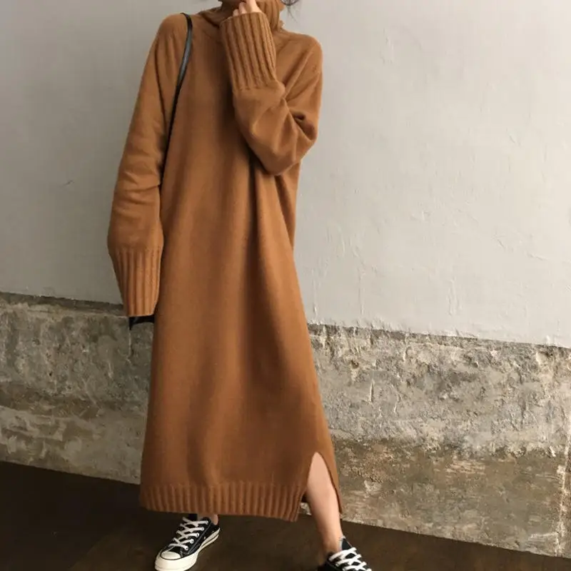 Khaki Dress Осень Зима длинный трикотажный свитер платье, Женская водолазка с длинным рукавом теплое женское платье-свитер элегантный Пуловер Платья Q1850 - Цвет: Khaki Dress