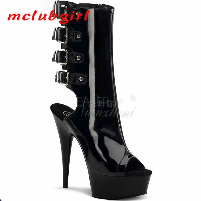 

Mclubgirl 15cm Super High Heel Thick Bottom Black Patent Leather Belt Buckle Boots British Back Nightclub Women's Shoes LYP