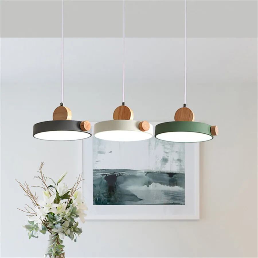 

Thrisdar 15W Modern Round Pendant Lights Nordic Wooden Iron Pendant Lamps Bedroom Living Room Restaurant Cafe Hanging Lights