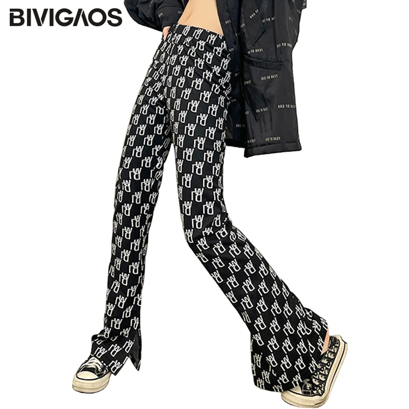 

BIVIGAOS 2021 Spring New Women Split Casual Trousers Letter Plaid Rhomb Pattern High Waist Straight Wide Leg Pants Slim Trouser