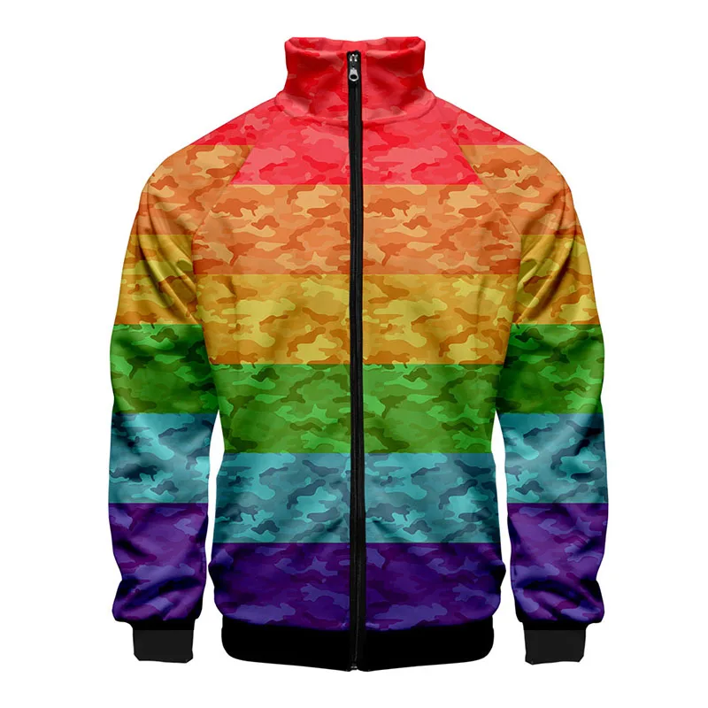 New 3d Stand Collar LGBT Rainbow Flag Lesbians Gays Fashion Men Women Zipper Hoodies Jackets Long Sleeve Harajuku 3D Sweatshirt | Мужская