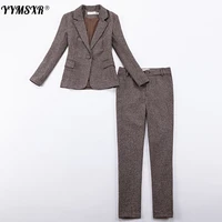 autumn and winter new long sleeved woolen thickened suit jacket plaid pants professional suit female office interview outfit