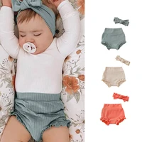 Summer Kids Boys Shorts Solid Color Baby Girl Clothes Cotton PP Pants With Hair Band Lace Bows Triangle Toddler Bottoms 6-24M