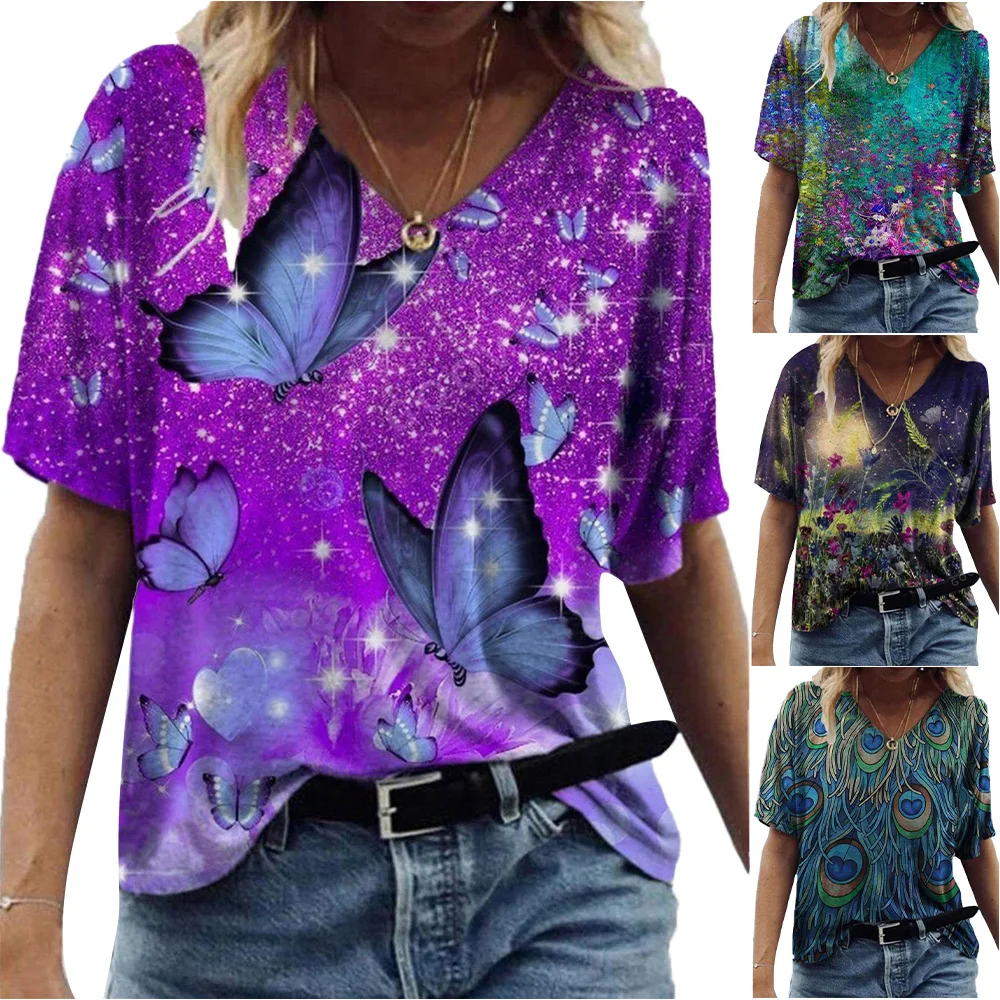 

Beach Summer Tops Tees Floral Print Tshirts Star Woman Fashion Top V Neck Short Sleeve T Shirt Women Clothing Loose T Shirt