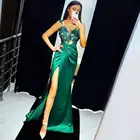 Женское вечернее платье, зеленое элегантное платье в пол вечерние шлейфом, атласная Кружевная аппликация