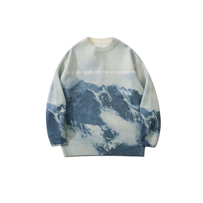 

Свитер Мужской трикотажный с принтом снежных гор и граффити, Повседневный хлопковый пуловер в стиле хип-хоп, уличная одежда в стиле Харадзю...