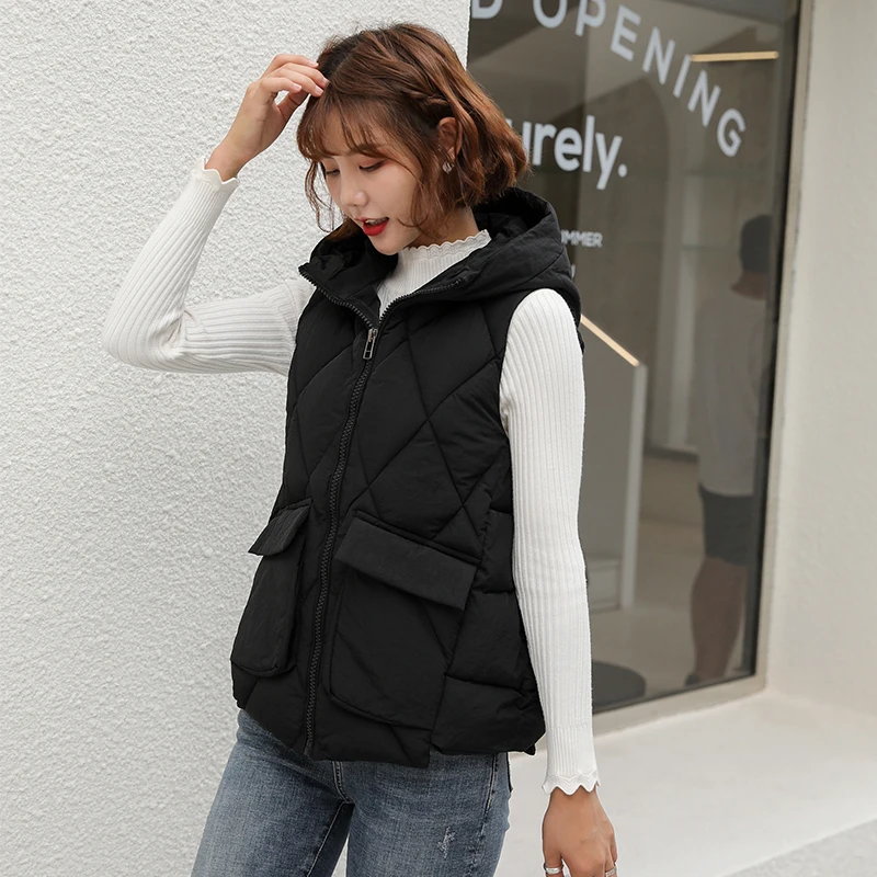 

Fad Women's Winter Short Vest Cotton Padded Solid Hooded Sleeveless Jacket Female Casual Stand Collar Plus Size Thick Outwear