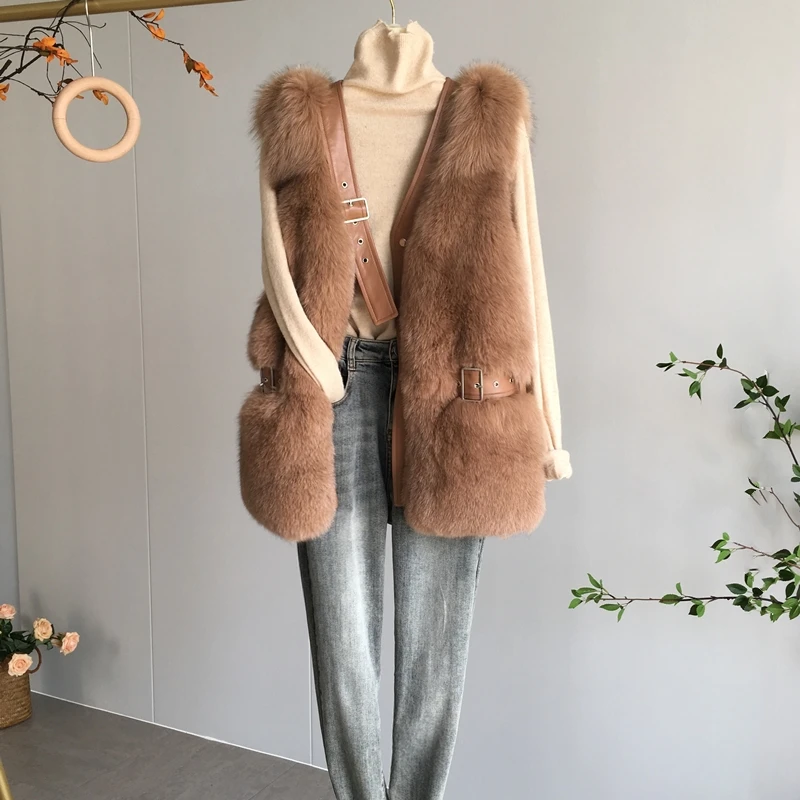 

2021 New Real Fox Fur Gilet Women's Coat Waistcoat Fur Sleeveless Gilet Caramel Color Wild Coats Casual Style Plush Warm Jacket