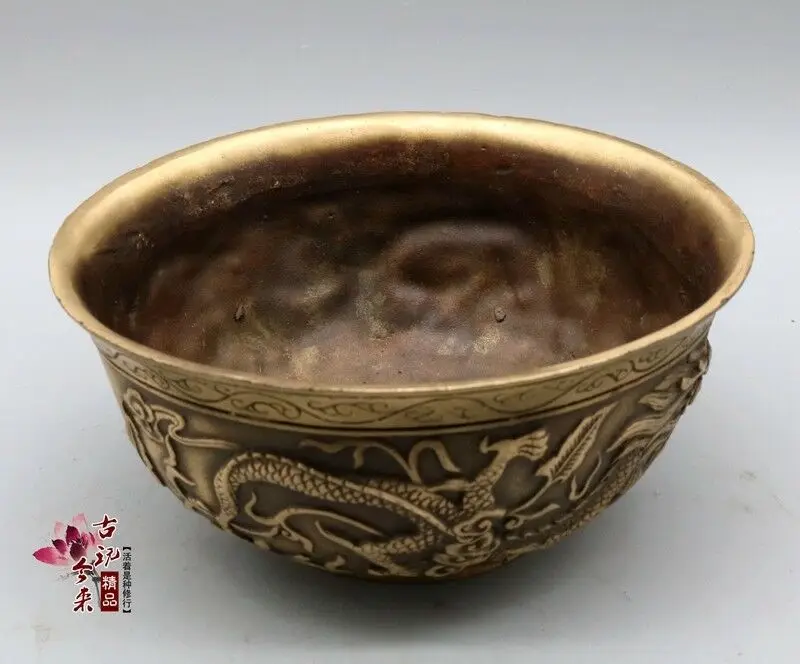 Китайская старинная бронзовая чаша с двойным рисунком дракона оперы|Миски и