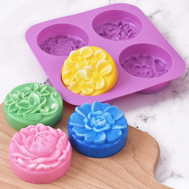 

4 Cavity Flower Silicone Soap Mold Round Handmade Soap Mold For Muffin Pudding Jelly Brownie Cheesecake Cake Candle