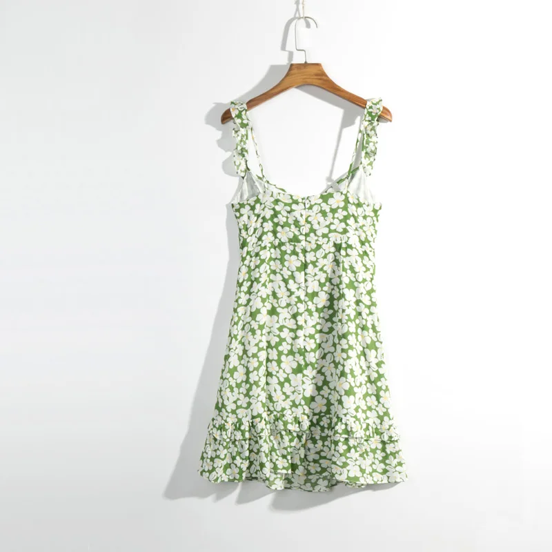 

Women casual summer dress flower print dress Slim suspenders lotus leaf decoration Vestidos